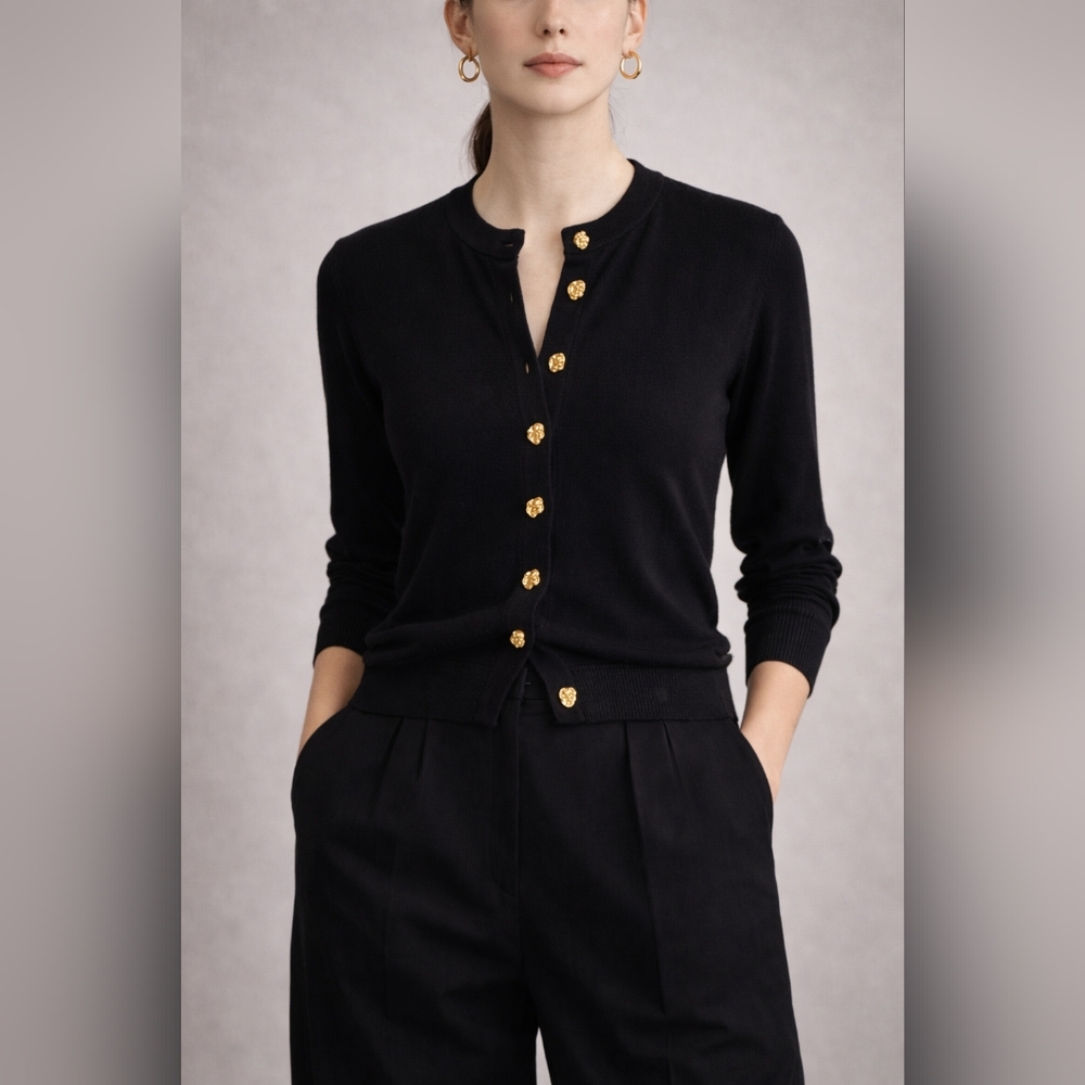 Black Cotton Cardigan Gold Button Sweater Minimalist Classic